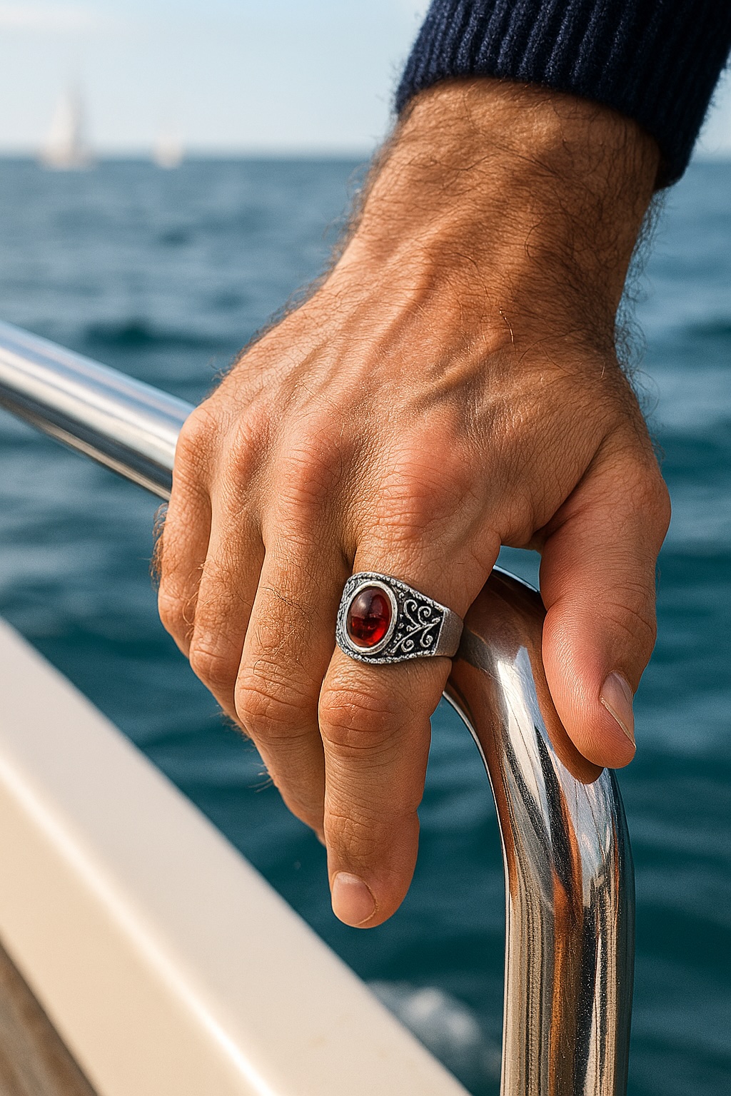 Men’s stainless steel signet ring with oval red stone and Celtic motifs